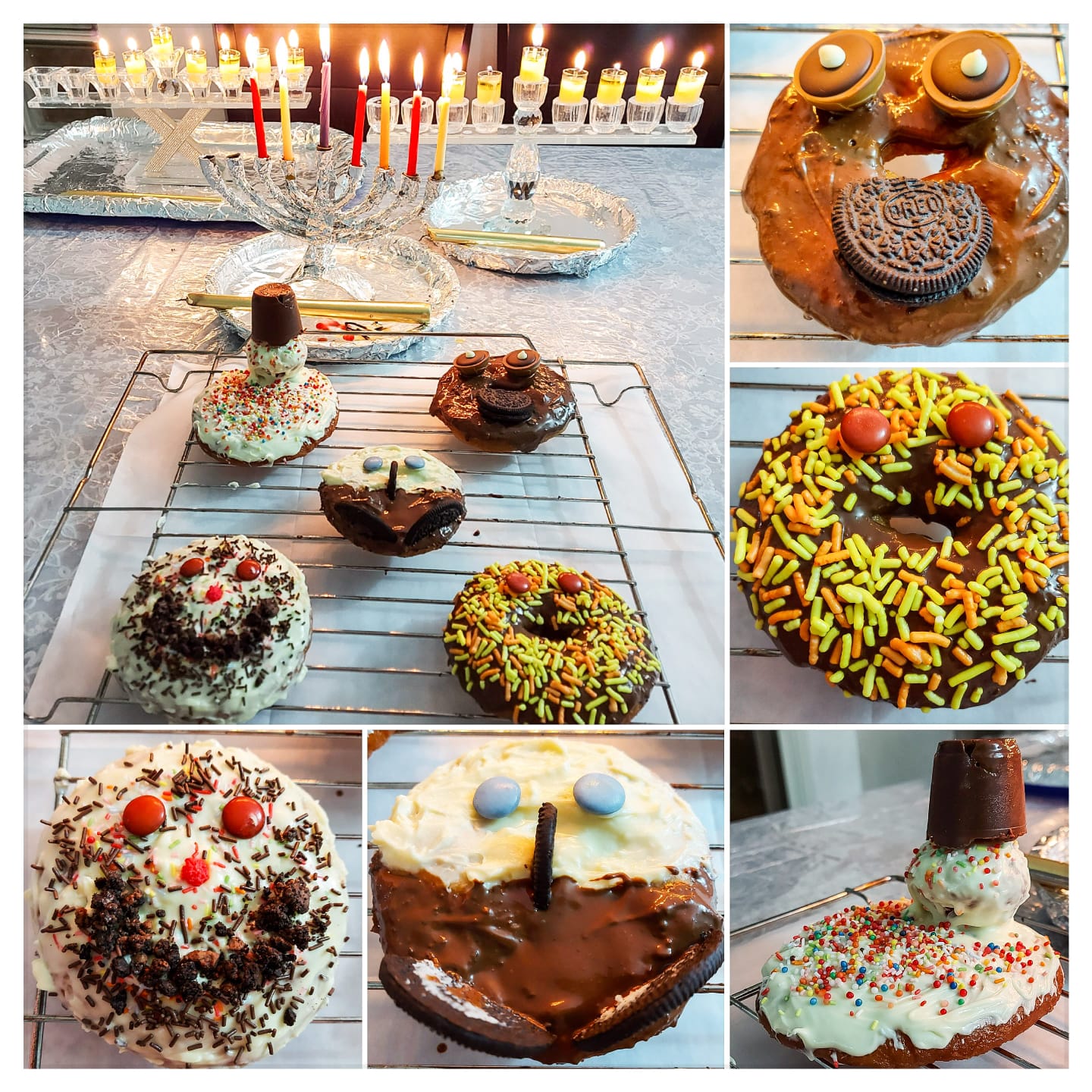 hanukkiah with doughnuts collage